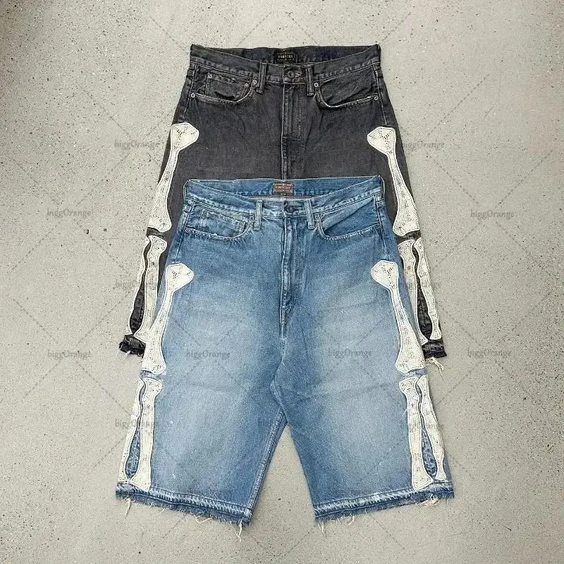 Retro Skeleton Denim Men's Mid-Length Casual Shorts Streetwear Style for Summer Couples Pants Jean