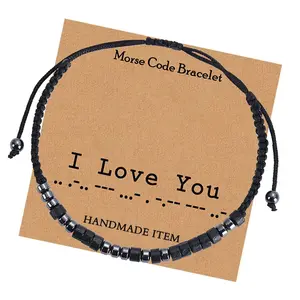 Unisex Casual Adjustable Braided Woven Morse Code Bracelet with 'I Love You' Beads Stones Bangle Chain Jewelry Gift for Women Men