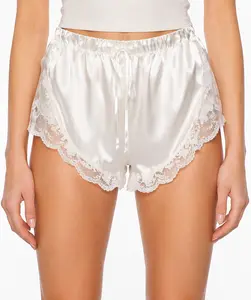 Women's Ivory Satin Lace Trim Lounge Shorts – Soft Drawstring Sleep Shorts