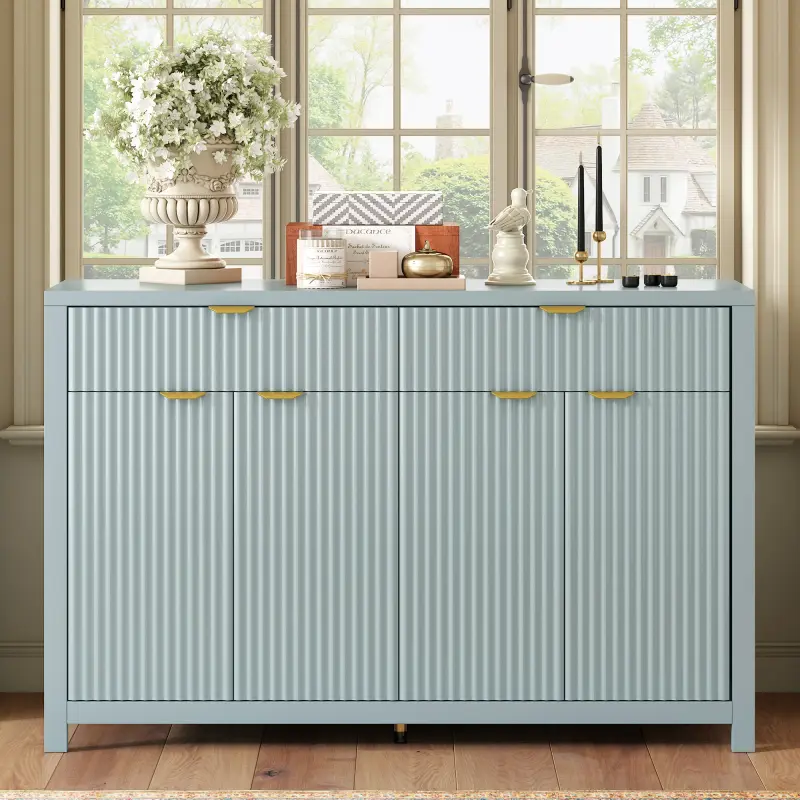 Scandinavian Style Sturdy Metal Fluted Sideboard Cabinet - 2 Drawers, 4 Doors, 3-Level Adjustable Shelves, Aluminium Arc Handles, Eco-Friendly Finish, 3 Colors, 55.10x15.70x35.80in, 97.70 lbs, Support Legs, Requires Setup, Suitable for Various Room Types