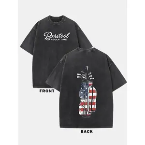 GOLDEN HOUR - Men's Vintage Washed 230g Cotton T-Shirt - Double-sided print featuring golf flags and patriotic motifs, loose fit, round neck, short sleeves, breathable summer casual T-shirt, vintage washed cotton T-shirt