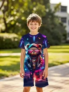 Boys' 3D Short Sleeve Set Cyberpunk Hip-Hop Cool Bear Blue Neon Print Summer, Casual Outdoor Wear, Perfect Gift