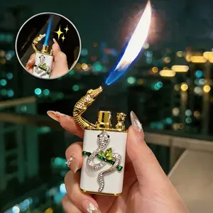 Silver Snake Dual Flame Lighter(Without Gas), 3D Serpent Refillable Butane Lighter, Switchable Jet & Soft Flame Gas Lighter, Aesthetic Bling Gift for Women Men