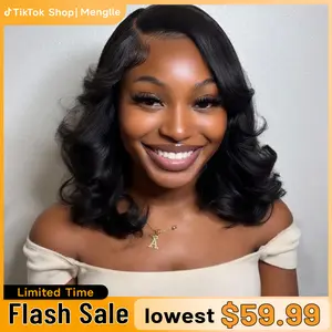 [New In 7x6 Wig] Menglle Hair Glueless 7X6 Lace Front Human Hair Shoulder Length Wavy Short Bob Wig Honey Blonde Highlight Blonde / Natural Black / Brown#Summervibes#TikTokShopStockUp