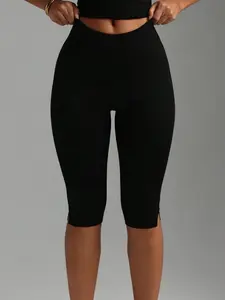 Women's High-Waisted Knee-Length Cycling Shorts, Side Slit Slim Fit Bike Pants, Stretch Waistband Sport Leggings, Soft Fabric