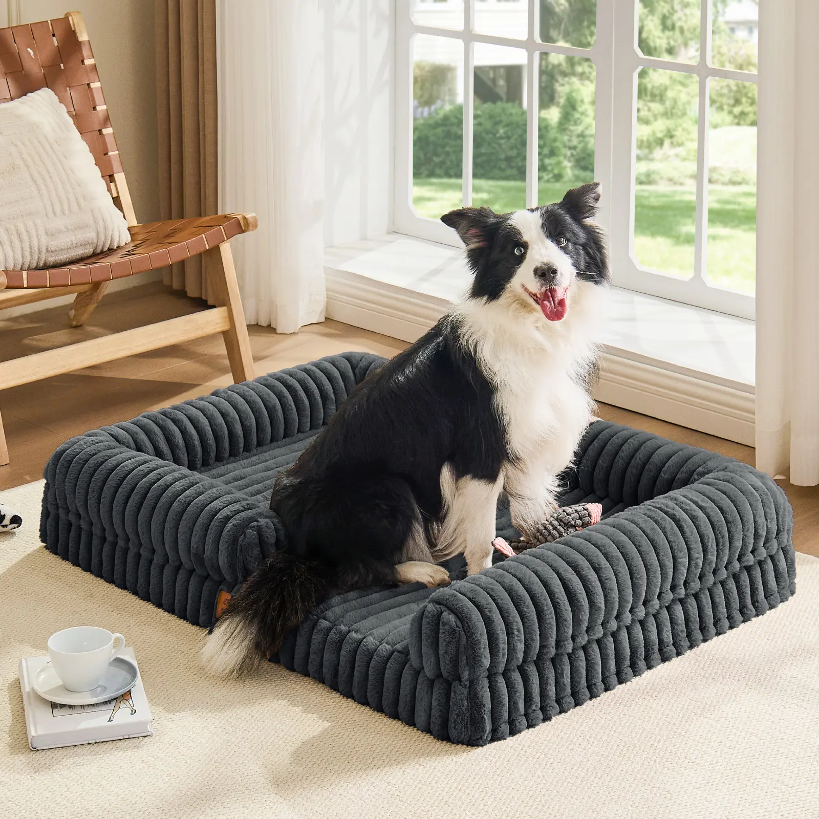 Orthopedic Dog Bed with Plush Faux Fur Bolster, Egg Crate Foam Support, Washable Waterproof Cover, Non-Slip Bottom