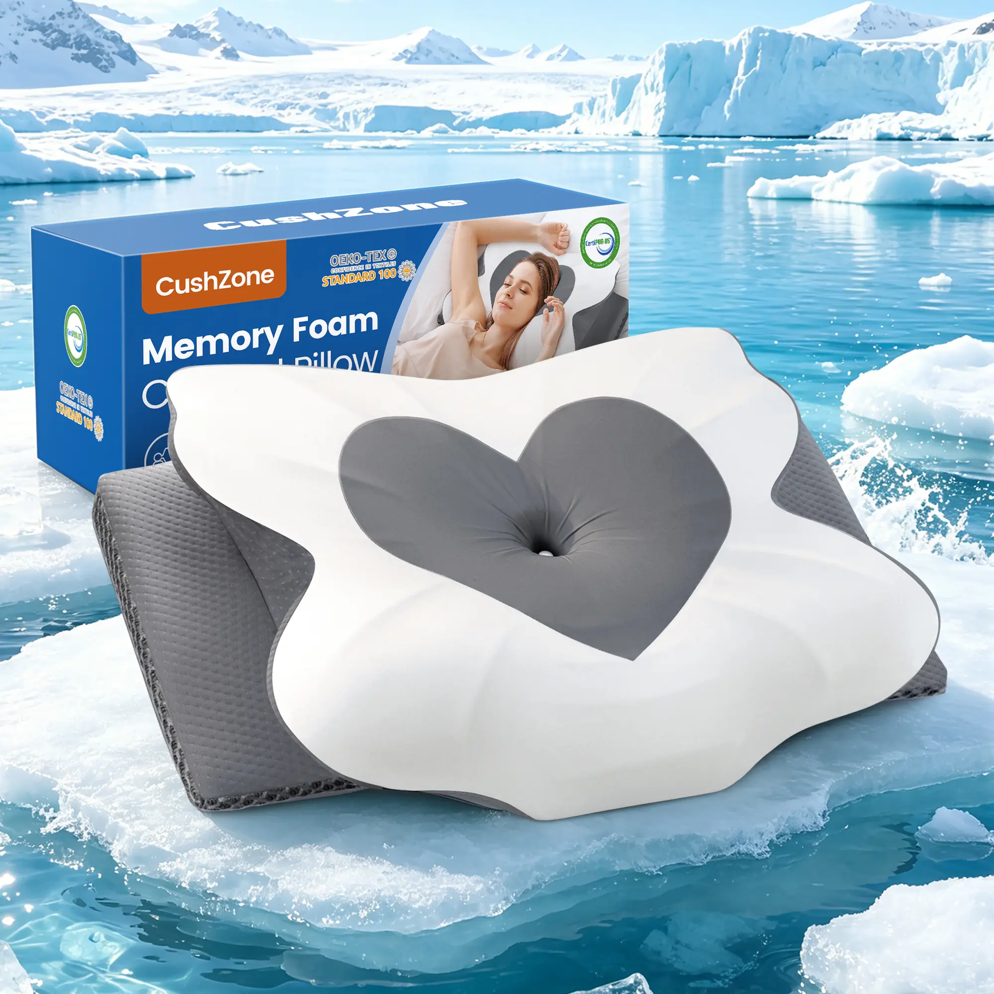 Double-Sided Contoured Cervical Neck Pillow, Adjustable Ergonomic Memory Foam Neck Support Pillow with Cooling Cover, Zoned Design, Extra-Large Armrest & Shoulder Support for Side, Back and Stomach Sleepers, CertiPUR-US Certified, Cervical Support