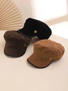 Korean Style Simple Side Metal Tag Leather Trim Polyester Newsboy Cap, Vintage British Flat Top Beret Hat, Daily Wear Accessories