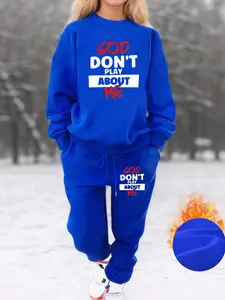Women's Fall Winter Fitted Fleece Fabric Sweatshirt Set, God Don't Play About Me Letter Print, Casual Streetwear Long Sleeve Round Neck Top & Drawstring Pants Pockets