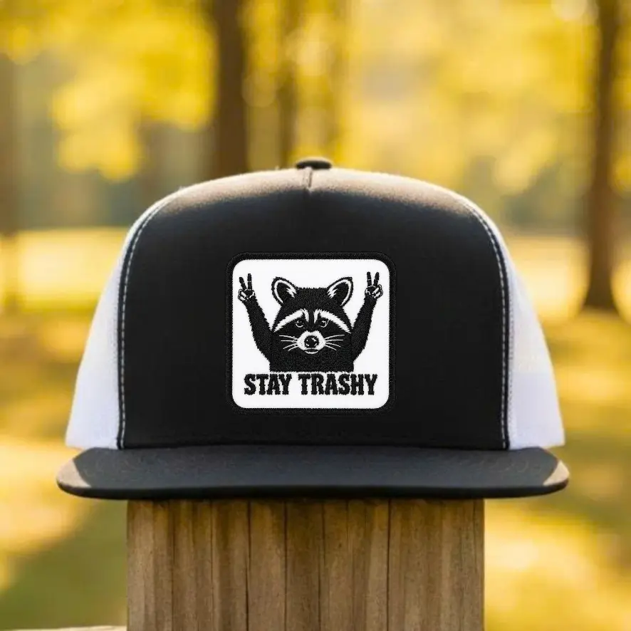 Stay Trashy Raccoon Embroidered Patch Trucker Hat, Funny Raccoon Snapback Mesh Cap, Cute Meme Animal Hat Gift for Men Women
