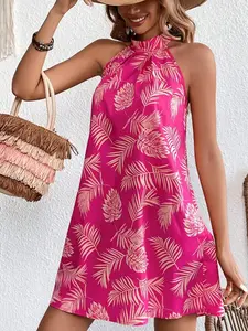 Backless Tropical Print Plant Halter Neck Dress, Boho Style Short Sleeveless Fitted Womenswear Dress, Vacation Backless Party Dress Bohemian