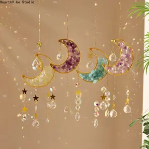 Handcrafted Natural Crushed Crystal Moon Suncatcher — DIY Wire-Wrapped Crystal Hanging Ornament & Wind Chime