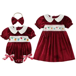 REDWOON Sister Matching Outfit Christmas Toddler Newborn Baby Girl Short Sleeve Velvet Romper Smocked Dress Clothes Winter