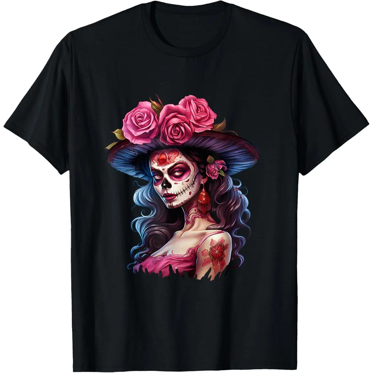 Women's La Catrina Day of the Dead Graphic T-Shirt, Casual Distressed 100% Cotton Round Neck Short Sleeve Top