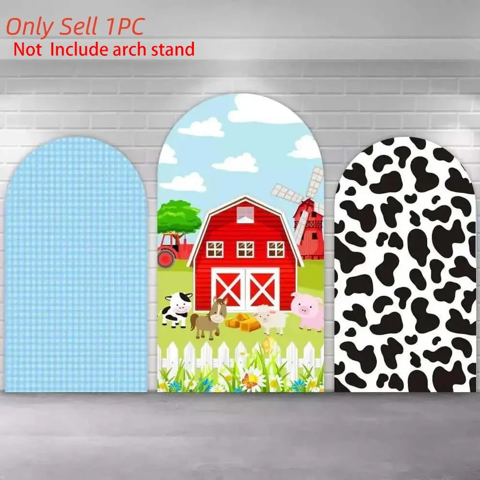 Blue Boys Farm Theme Birthday Party Arch Covers Stretchy Backdrop Background, Cow Print Barn House Cartoon Animals Design, Perfect for Boys Kids Birthday Party Photo Backdrop, Decorative Banner, Party Decoration Supplies