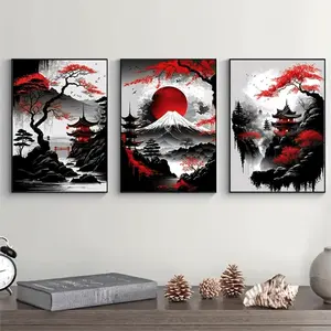 Comic Chinese Landscape Pattern Canvas Painting Without Frame (3pcsset), Vintage Ink Art Wall Art Print For LivingPoster