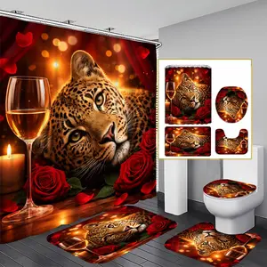 1/3/4PCS Leopard Rose Shower Curtain set, Passionate Red Bathroom Decoration Accessories with Bath Mat, U-shaped Mat, Toilet Lid Cover, 12 Hooks 180x180cm Curtain, Exotic Animal, Home Decor, bathroom accessories.