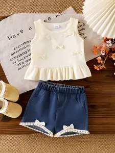 Baby Girl Summer Boho 2-Piece Set, Small Bow Ruffle Vest and Fringe Jeans Shorts, Casual Loose-Fit Gingham Pattern