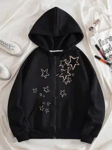 Women's Star Print Drop Shoulder Zip Up Hoodie, Fashion Casual Drawstring Pocket Hooded Sweatshirt for Daily Holiday Outdoor Wear, Women Clothing for Fall & Winter