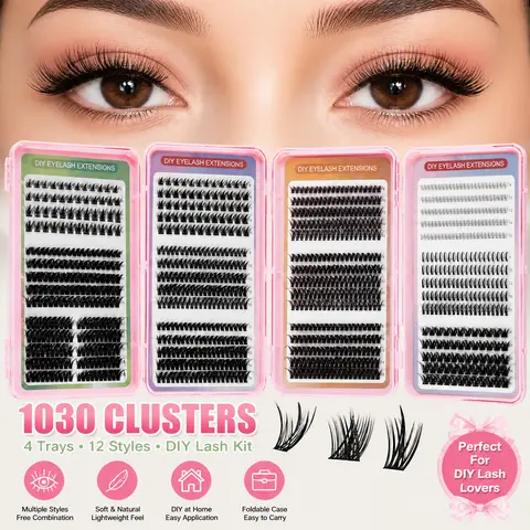 SOSIAYCICI 1030Pcs Lash Clusters Kit 3-Fold Eyelash Book Fluffy 12 Styles Of Lashes 8-16Mix, Cat/Spiky/Devil Doll/Natural/Dense Eye Lashes Easy For Home DIY Fake Lashes, Perfect For Light Heavy Makeup, Daily Holiday, Gift For Women Girls Cosmetic