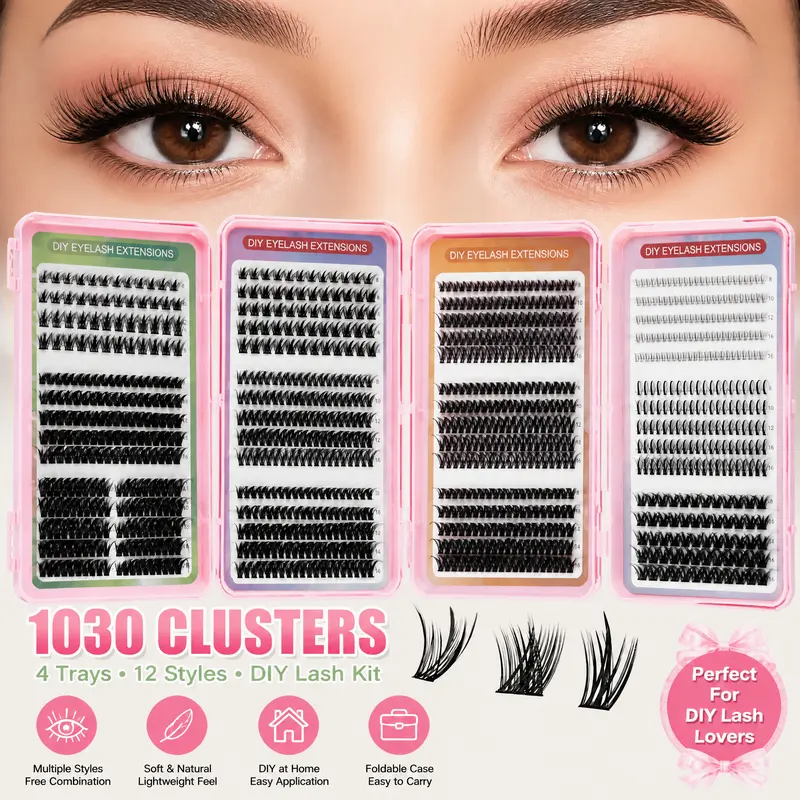 SOSIAYCICI 1030Pcs Lash Clusters Kit 3-Fold Eyelash Book Fluffy 12 Styles Of Lashes 8-16Mix, Cat/Spiky/Devil Doll/Natural/Dense Eye Lashes Easy For Home DIY Fake Lashes, Perfect For Light Heavy Makeup, Daily Holiday, Gift For Women Girls Cosmetic