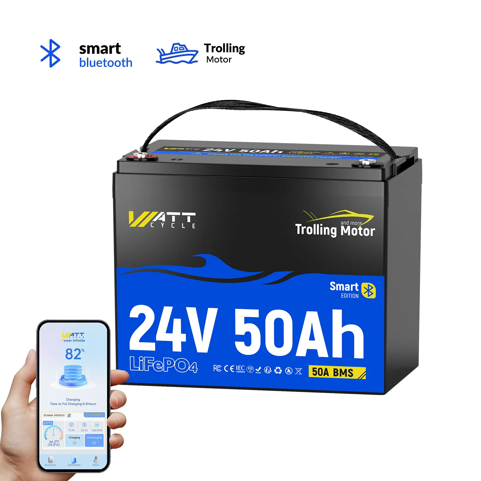【New arrive】WattCycle 24V 50Ah LiFePO4 Battery with Bluetooth Smart BMS, Deep Cycle Lithium Battery for Trolling Motors, Marine Boats, RVs, Solar & Off-Grid Applications