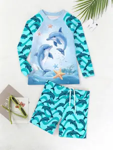 Boys Dolphin Theme Swimwear Set, Cute Cartoon Print Two-Piece, Beach Swimming, Holiday Travel, Pool Party, Summer Boys Fresh Swimsuit