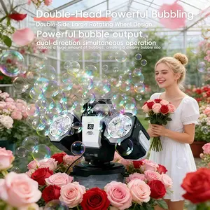 Dual Head Remote Bubble Machine for Ages 3+, RGB Atmosphere Light, Rechargeable 360° Auto Rotation, Includes 50ML Concentrated Bubble Liquid
