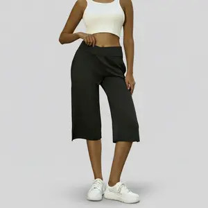 Women's Casual Tumny Contol High Waist Fited Wide Leg Capri Pants Buton Hem Loose Fit Cropped Trousers Summer Shorts Beach Vacation Lounge Daily Work Outfits Solid Black Stretchy, Soft, Breathable, Lightweight, Elastic Spring Break Plus Size