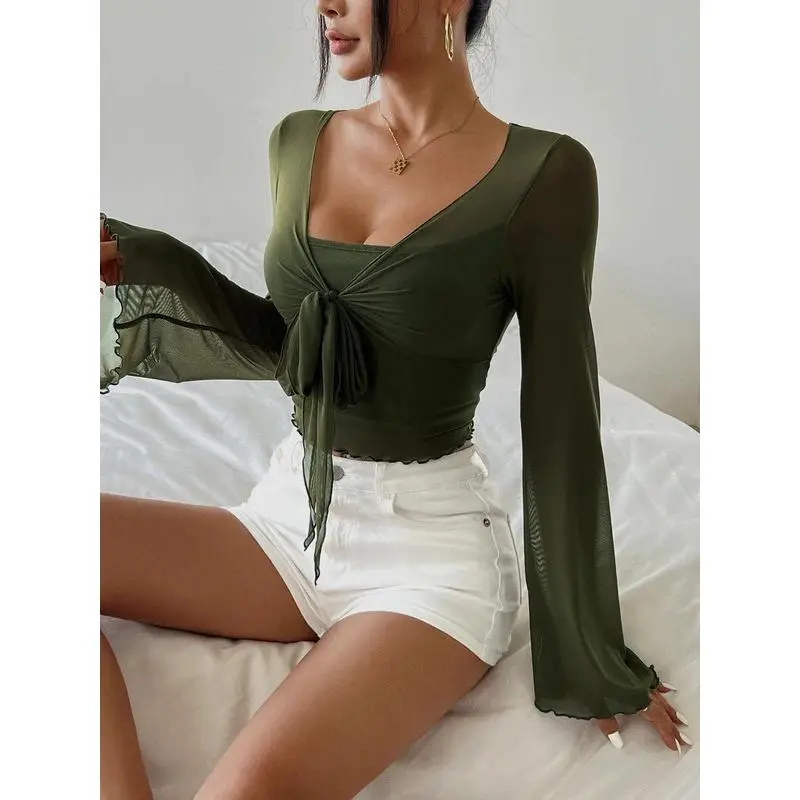 New styleSolid Color V-neck Ruched T-Shirt Elegant Flare Sleeve Tie Front T-Shirt For Spring  Fall's Clothing