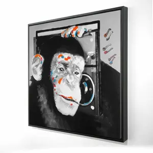 212 MAIN Artistic Monkey Listening to Radio Framed Canvas Print Wall Art, 36x36 in., Animal & Artistic Character Design Wall Arts, Orange Bedroom Home Decor, Ideal Gift for Home Supplies