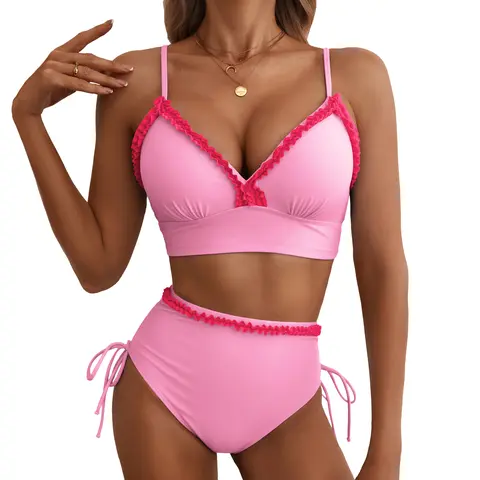 Aleumdr Women's Bikini Set High Waist Ruffle Trim Tummy Control Swimwear Bathing Suit for Beach Pool Summer Vacation
