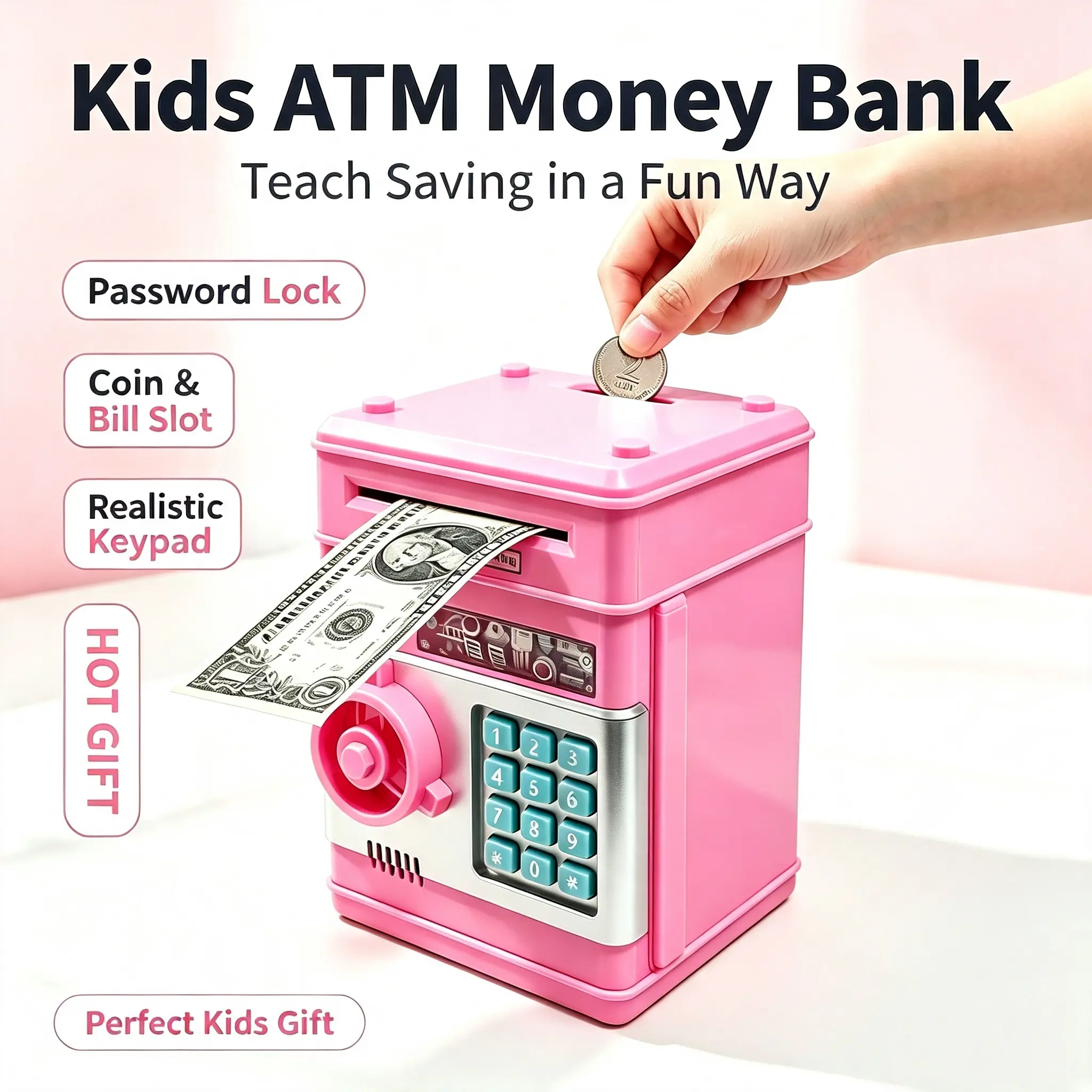 Pink Mini ATM Piggy Bank For Girls,Password Lock Safe With Auto Bill Suction Slot,Cash Coin Saving Storage Toy,Cute Educational Money Box For 3-12 Year Old Girls Birthday Holiday Gift.little gift set for girls