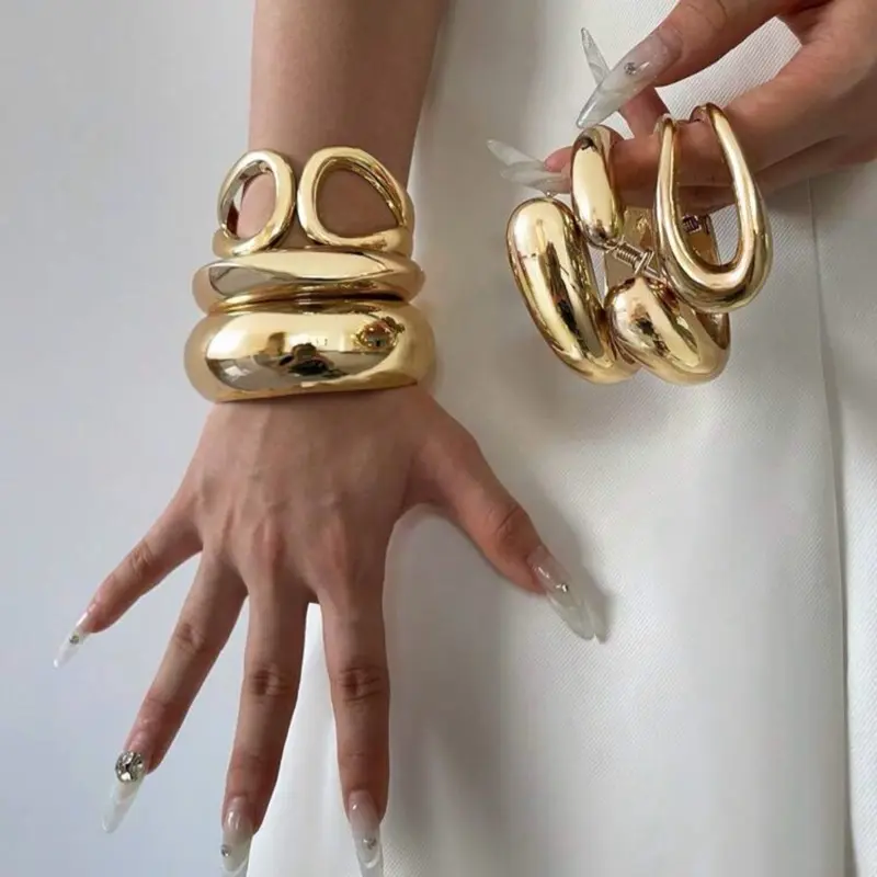 Luxury Gold Bangle Set - 2pcs/1pc Wide & Thick Fashionable Unique Style Oversized Bangle Set for Women