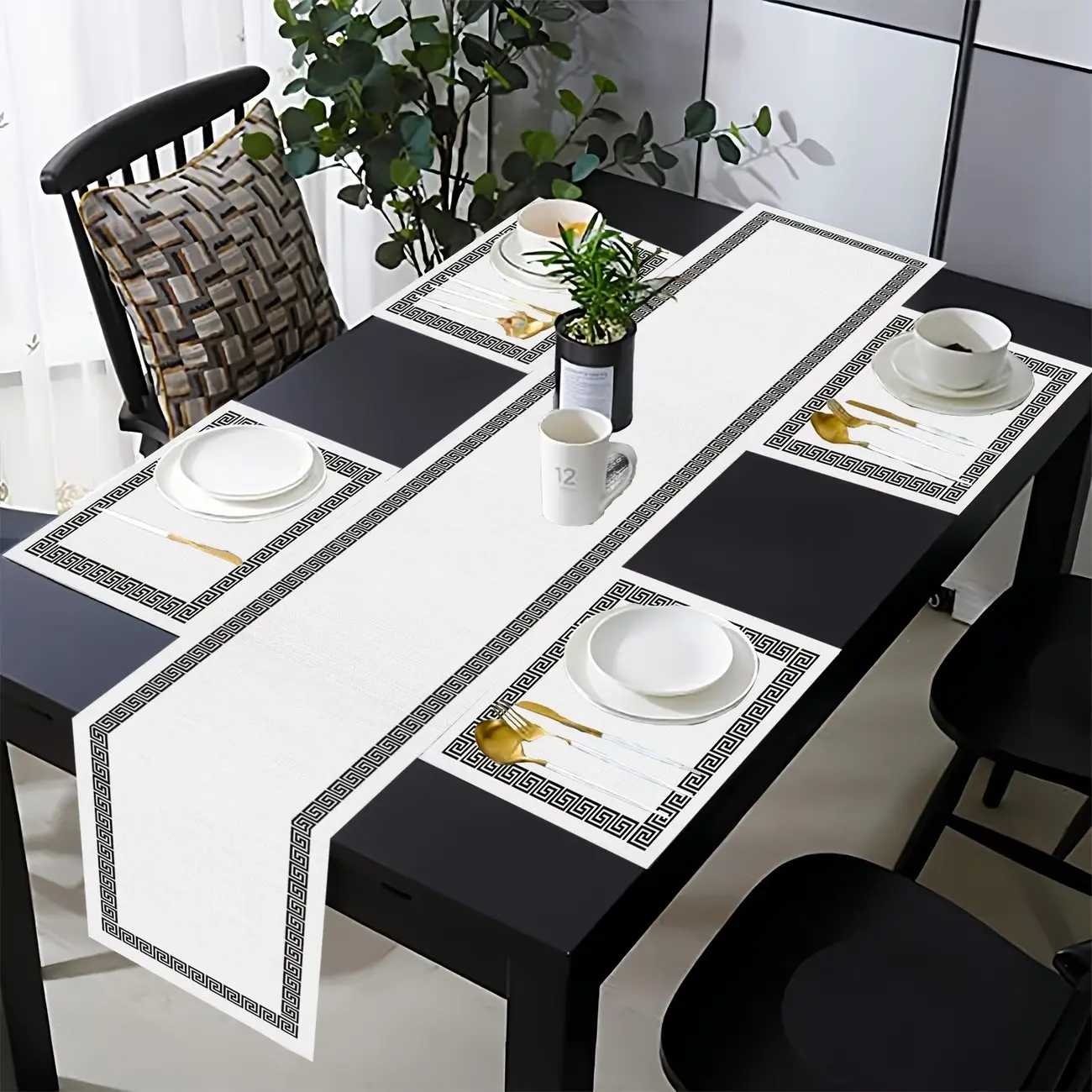 2D flat printing, 5-piece set/7-piece set tablecloth set, suitable for restaurants, Dining, black Greek key pattern tablecloth, kitchen table decoration, suitable for indoor and outdoor family gathering decoration