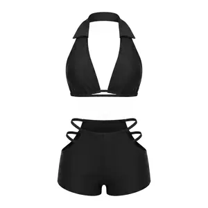 Women's Sexy 2-Piece Bikini Set - Collared Halter Neck Top & High Waisted Cutout Boy Shorts Swimsuit, Flattering Black Beachwear for Pool Party & Vacation