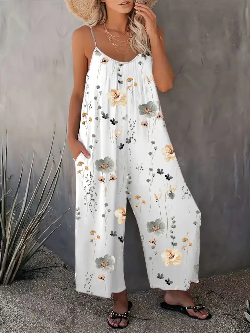 Women's Overalls, Casual Floral Print Scoop Neck Camisole with Loose-Fit Wide Leg, Lightweight Polyester for Daily Wear