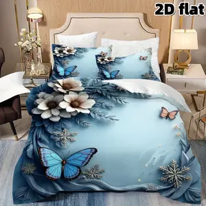 2D Flat 3Pcs Butterfly Floral Bedding Light Blue Duvet Cover with White Flowers Elegant Botanical Quilt Cover Winter Snowflake Decorative Bedding Sets for Bedroom Master Room Home Decoration Gift