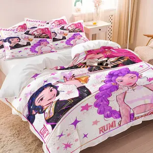 Cute K-pop Idol Character Print Duvet Cover Set, 1 Duvet Cover + 1/2 Pillowcases, No Core, Kawaii Pink & Purple Star Design, Soft Cozy Breathable Bedding for Teens Bedroom and Dorm Use