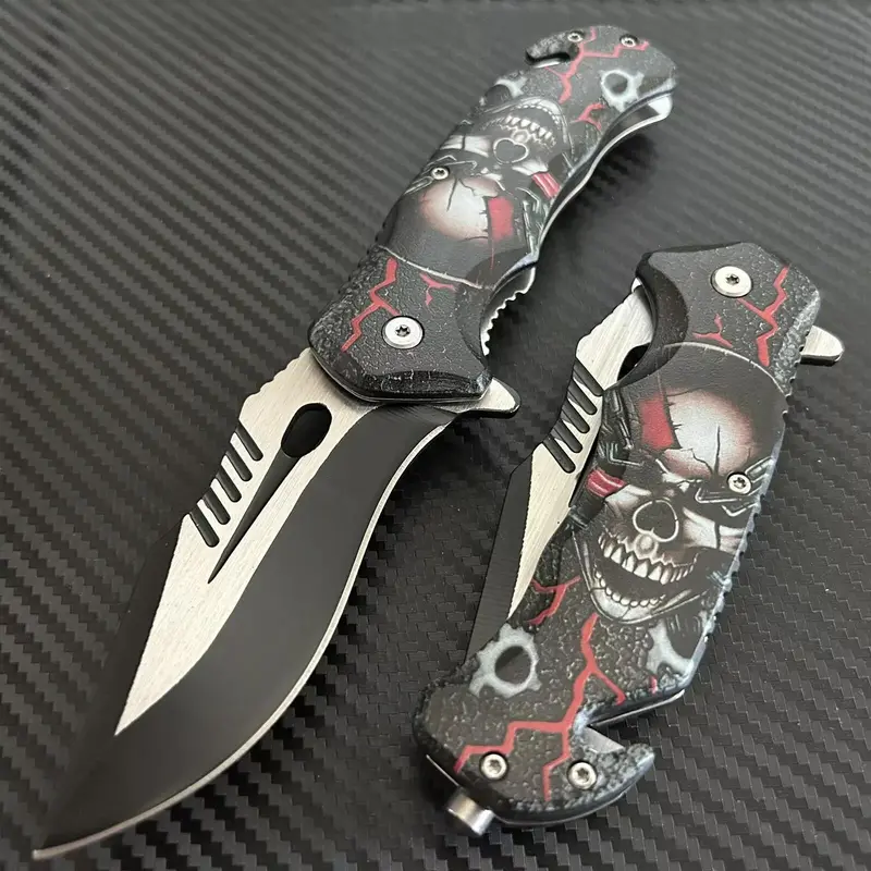 Skull Magic Belt Clip Folding  -lightweight EDC  , skull and lightning design, left and right hand universal lock and glass breaker, legal pocket  fold straight  sharp blade men outdoor survival fruit cutting multifunctional portable tactical knife
