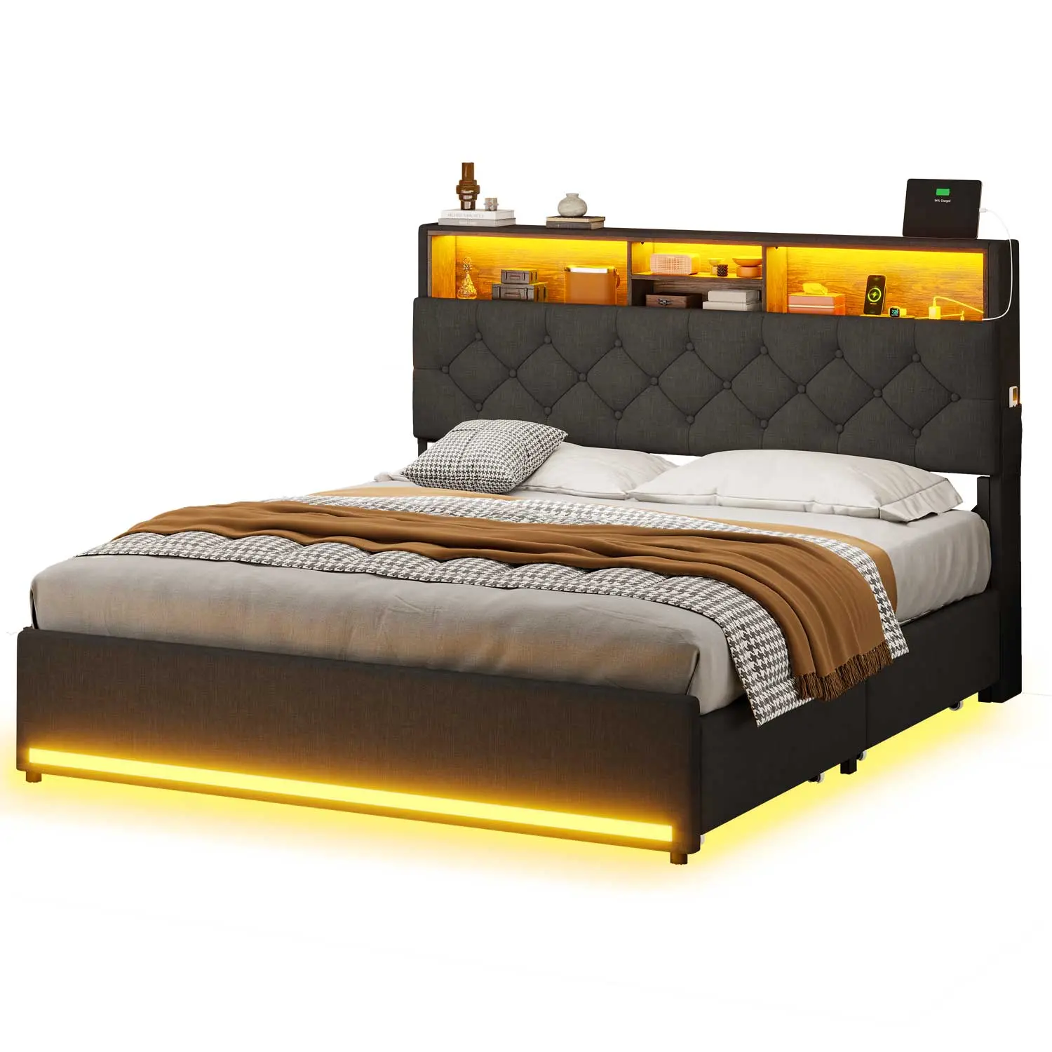LED Linen Bed Frame with Storage Headboard Dark Grey