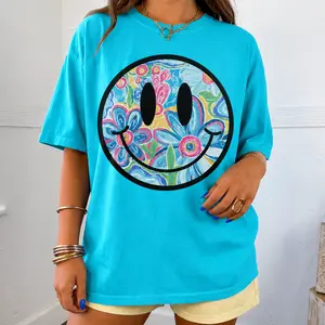 Comfort Colors Smiley Floral Summer Vibes Shirt for Women, Daisy Graphic Tee, Trendy Watercolor Flower T-Shirt, Cute Summer Top,Women's Short Sleeve Tee,, Aesthetics Everyday