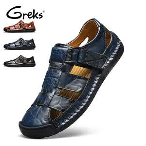 GREKS Men's Summer Hollow Out Fisherman Sandals Closed Toe Hook Loop Soft Bottom Hand Stitching Anti-Slip Comfort Wading Beach Shoes Light-Brown
