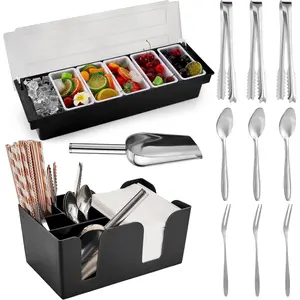 Garnish Tray with Lid Bar  Ice Cooled Condiment Serving Container with Ice Scoop Metal Mini Serving Tongs Fruit k Spoons    Party Kitchen(Plastic,6 Grids)