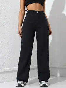 Women's High-Waisted Straight Leg Wide-Leg Jeans Pants, Casual Fashion, Daily Wear, Fitted Design with Pockets, Zipper Fly