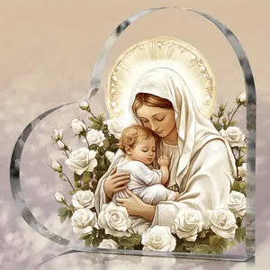 Acrylic Ornament with Jesus & Virgin Mary Theme Charming Desktop Decorative Plaque Heart-shaped Design Ideal for Home Decor No Electricity Needed