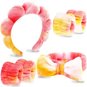 Spa Headband, Makeup Face Wash Skincare Headbands, 6 Pcs Orange Sponge Bow Tie Get Ready HairBand Facial Wristband Set, Stuff for Teen Girls Women Trendy Fashion Hair Accessories