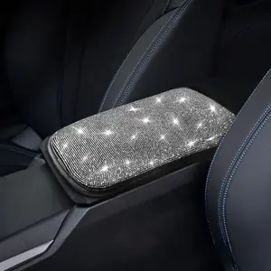 Car Armrest Cushion with Artificial Diamonds, Faux Leather Embroidered Waterproof Comfort Control Pad, Car Accessories, Car Interior Accessory