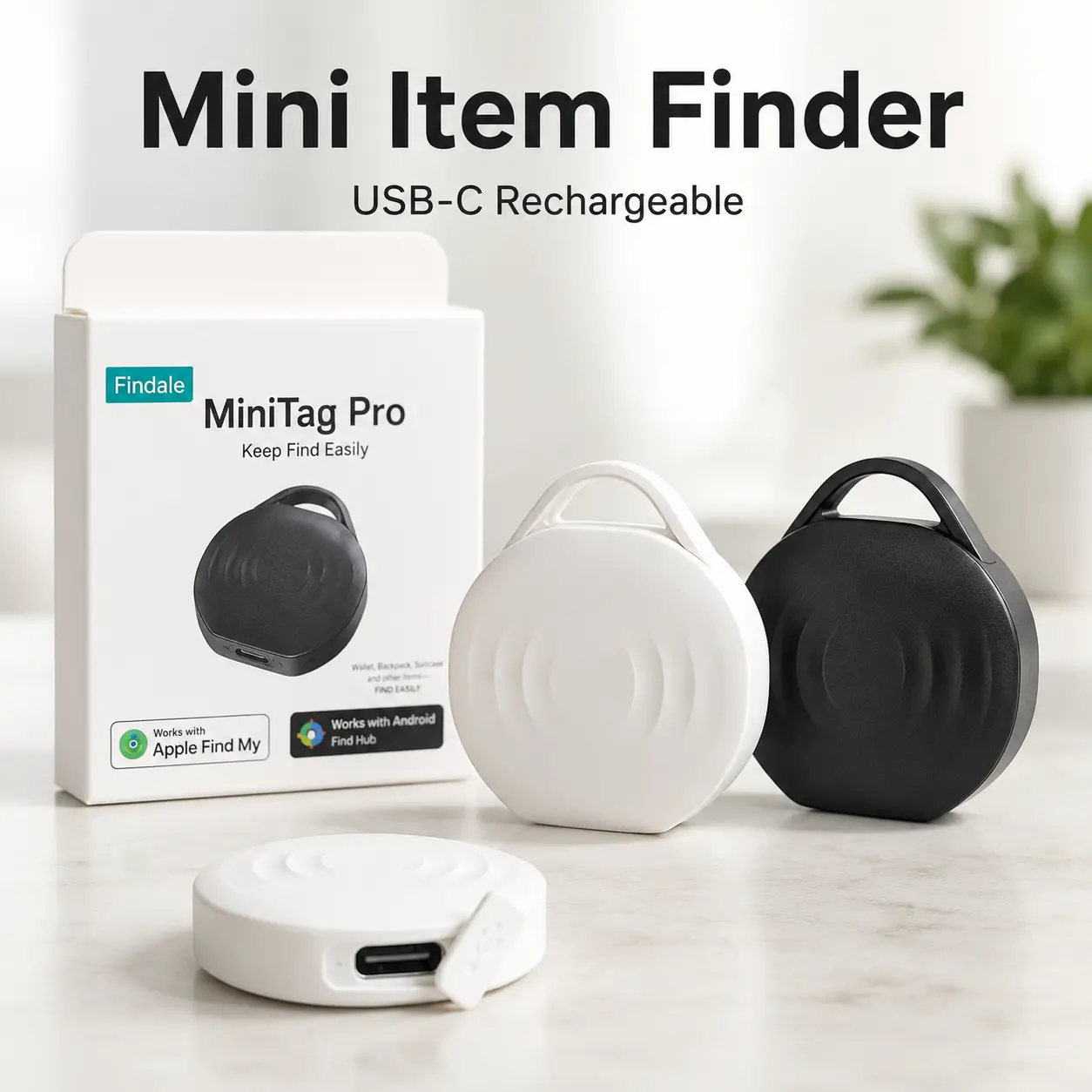 Mini Bluetooth Item Finder, USB-C Rechargeable Key Finder Tracker, Works with Apple Find My and Android Find Hub, Small Item Locator for Keys, Wallet, Backpack, Luggage