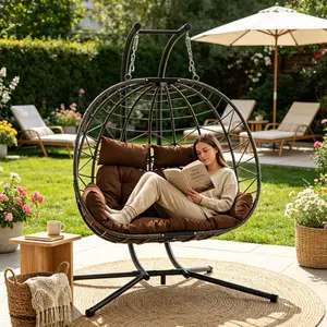 Double Hanging Egg Chair with Stand, Brown Patio Hammock Loveseat Swing Chair with Cushion for Balcony, Garden